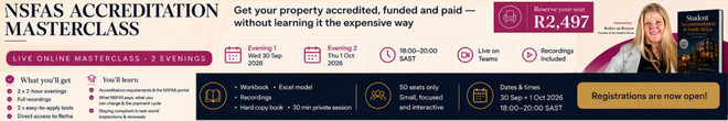 NSFAS accreditation masterclass. Two online evenings, 30 September and 1 October, 18:00–20:00 SAST. View registration details.
